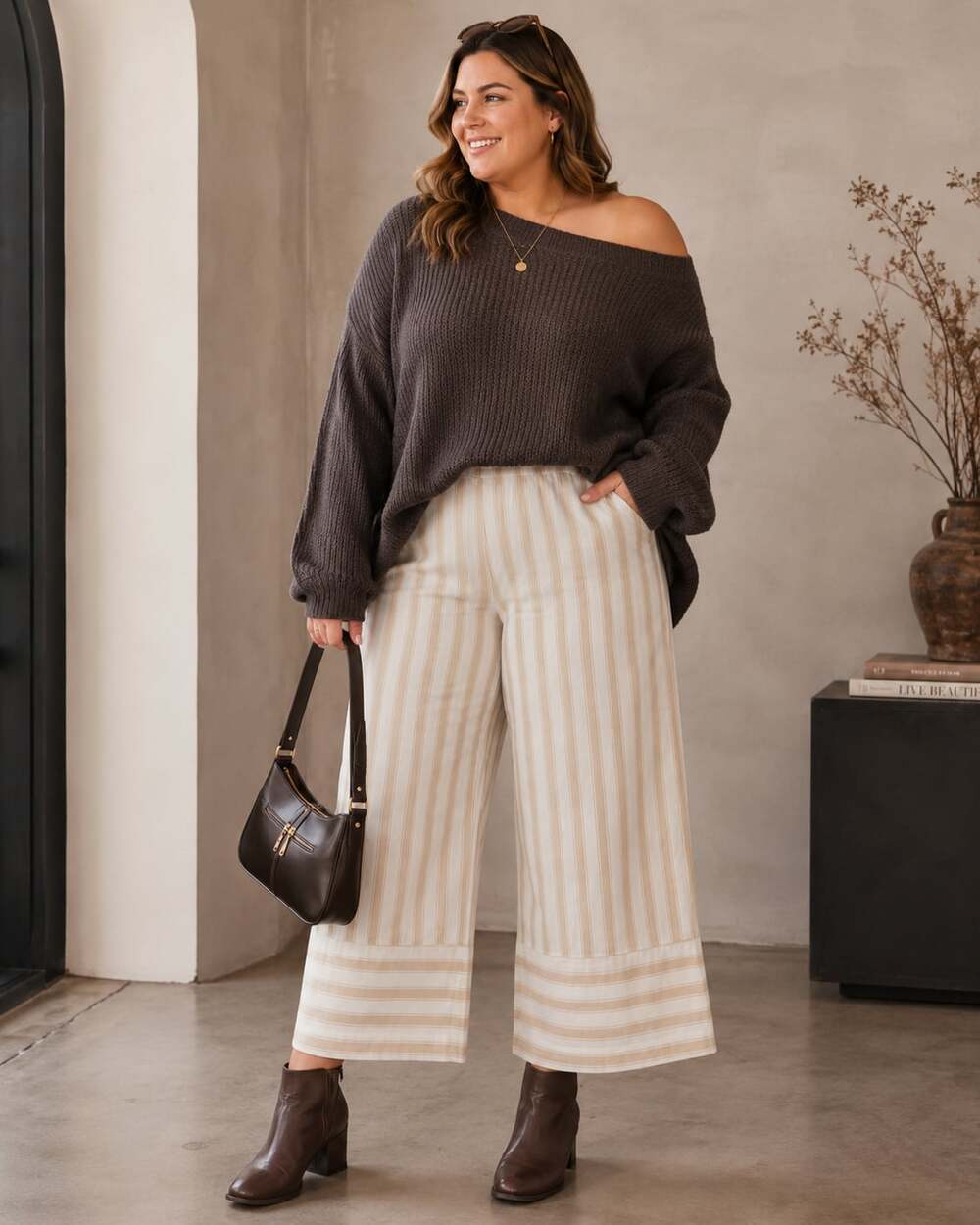 Ryann’s Closet Beige White Striped Linen Blend Wide Leg Pants L